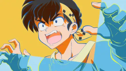 Anime Ranma ½ HD PC desktop wallpaper showing Ranma shouting with a bandana and gloves, vibrant yellow background and a dynamic, energetic pose.