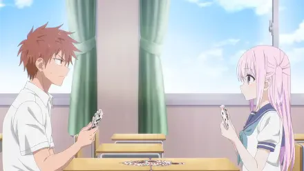 HD PC anime desktop wallpaper of inexpressive Kashiwada and expressive Oota facing each other at a classroom desk, holding cards beneath a sunlit window.