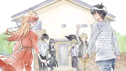 HD PC desktop wallpaper from anime WITCH WATCH: Nico Wakatsuki and Morihito Otogi with friends standing outside a sunlit house in a bright, cheerful scene.