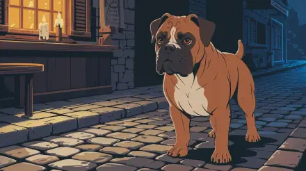 4K Ultra HD PC desktop wallpaper showing a stylized boxer (dog) on a cobblestone street at night, bathed in warm window light and candle glow.