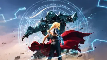 Fullmetal Alchemist: Brotherhood 4K Ultra HD PC wallpaper — Edward Elric in a red coat with automail arm stands before Alphonse's armored form and a glowing transmutation circle.