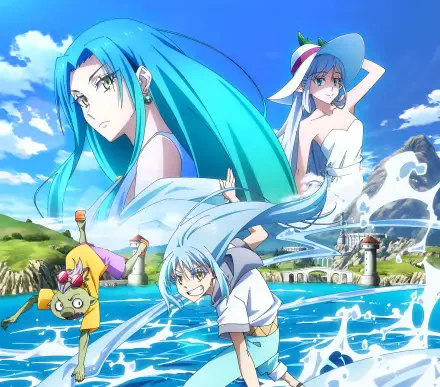 Anime 2K Quad HD PC desktop wallpaper from That Time I Got Reincarnated as a Slime, showing Rimuru and companions by a bright seaside village under a vivid blue sky.