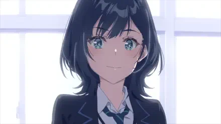 Anime HD PC wallpaper of Yuzuki Nanase in 'Chitose Is in the Ramune Bottle' — dark-haired schoolgirl with green eyes, blazer and tie, smiling against a bright window.