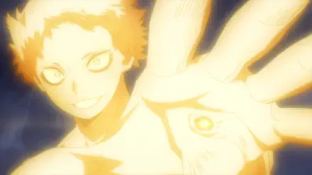 HD PC desktop wallpaper: glowing golden image of All For One from My Hero Academia (Boku No Hero Academia), reaching hand and piercing illuminated eyes in anime style.