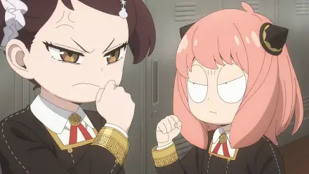 Anime HD PC desktop wallpaper, Spy x Family: Anya Forger and Becky Blackbell in school uniforms, glowering at each other in a locker room setting.