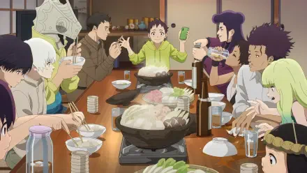 Anime 'To Your Eternity' HD PC desktop wallpaper and background: characters gathered around a wooden table sharing a lively hot-pot meal, warm lighting.