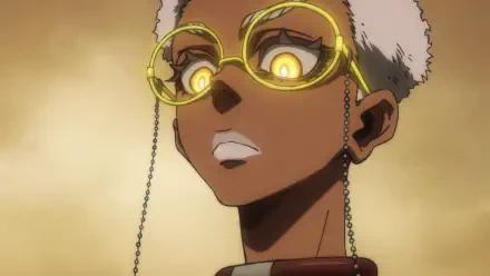 HD anime desktop wallpaper: dark-skinned character with short white hair, glowing gold goggles and hanging chains — Gachiakuta style, by Semiu Grier.