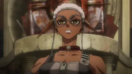 HD PC desktop wallpaper: anime portrait of Semiu Grier from Gachiakuta — confident pilot with goggles, fur headband and choker standing before industrial machinery.