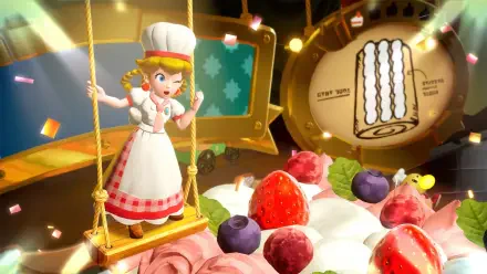 Princess Peach Showtime! HD PC desktop wallpaper/background, Princess Peach in a chef outfit on a swing above a giant cake topped with fruit, under colorful stage lights.
