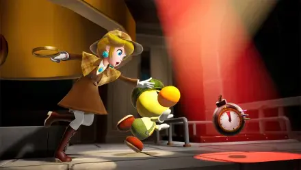 HD PC desktop wallpaper/background: Princess Peach in a golden hooded outfit reaches for a fleeing small yellow Toad as a spotlight and alarm clock light up the stage.