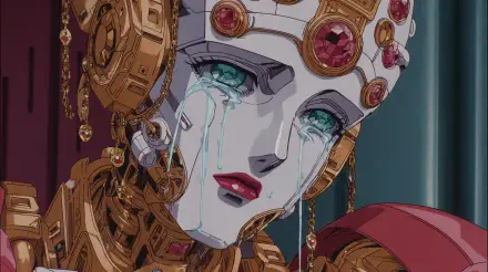 4K Ultra HD sci‑fi PC wallpaper: ornate robotic android with jeweled headpiece shedding luminous tears, tear-streaked porcelain face and crimson lips against a dark, futuristic backdrop.