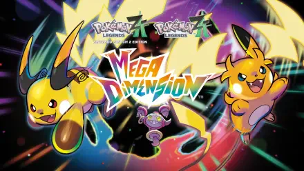 5K Ultra HD PC desktop wallpaper and background for Pokémon Legends: Z-A - Mega Dimension, showing the Mega Dimension logo and two electric Pokémon sprinting across a colorful cosmic burst.