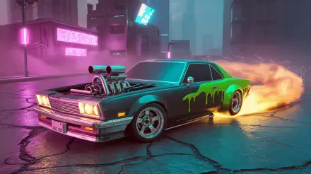 Drifting supercharged muscle car with neon-green paint drips and flaming tire smoke on wet cyberpunk streets — 4K Ultra HD PC desktop wallpaper and background.