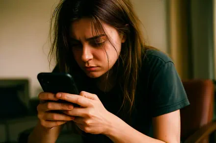 Close-up of a person fixated on a smartphone, exhausted and absorbed — phone addiction. 4K Ultra HD PC desktop wallpaper and background.