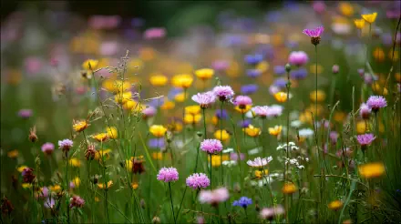 4K Ultra HD PC desktop wallpaper of a nature blooming meadow: colorful wildflowers and soft bokeh background.