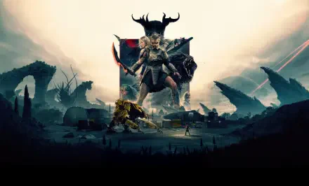 Predator: Badlands 4K Ultra HD PC desktop wallpaper and background — towering Predator in antlered skull helm stands over ruined badlands with glowing trophy and tiny figures scattered below