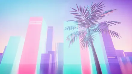 Vaporwave city skyline of pastel neon skyscrapers and a silhouetted palm, 4K Ultra HD PC desktop wallpaper and background.