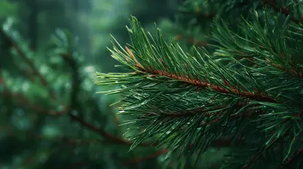 Nature close-up of dewy evergreen pine needles with soft forest bokeh — 4K Ultra HD PC desktop wallpaper background.