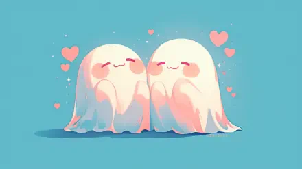 Cute aesthetic anime AI art wallpaper: two blushing ghost characters with floating hearts on a teal background — Halloween 2K Quad HD PC desktop background.