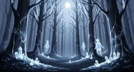 Eerie haunted forest by moonlight with glowing ghostly figures and crystalline clusters among bare trees — 4K Ultra HD PC Desktop Wallpaper and Background.