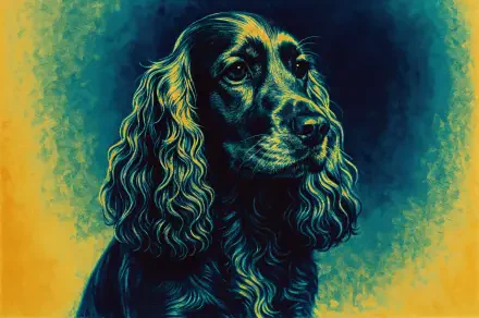4K Ultra HD PC desktop wallpaper showing a stylized cocker spaniel portrait in teal and gold with painterly textures.