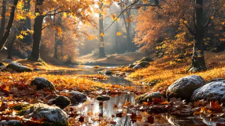 Autumn forest stream bathed in golden sunlight, fallen leaves and mossy rocks — 4K Ultra HD PC desktop wallpaper and background.