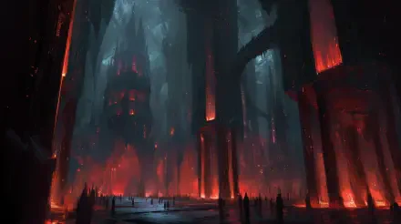 Dark Underworld 4K Ultra HD PC desktop wallpaper: cavern of obsidian pillars, rivers of red fire and a distant shadowed citadel beneath stormy blue-black light.