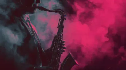 Saxophonist silhouette in teal and magenta smoke, vaporjazz jazz mood — 4K Ultra HD PC desktop wallpaper background.