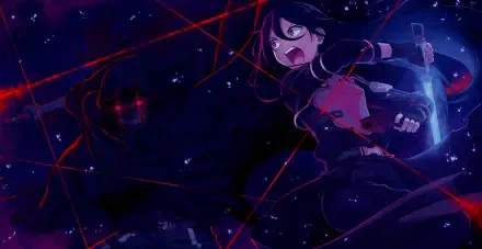 2K Quad HD PC wallpaper: anime otaku in blue and red neon, shouting while aiming a glowing device amid a dark, starry backdrop with red laser lines — Discord/PlayerOtaku vibe