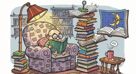 Whimsical 4K Ultra HD PC desktop wallpaper/background of a cozy reading nook: child with glasses in a patterned armchair under a lamp, towering stacks of books, moonlit window and steaming mug.