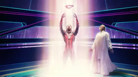 Tron: Ares 4K Ultra HD PC desktop wallpaper & background: two figures in a neon grid arena, one reaching up toward a glowing disc as shafts of light surround them.