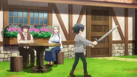 Anime wallpaper from Hero Without a Class: Who Even Needs Skills?! — young hero practices sword in a village yard while two companions watch; 2K Quad HD PC desktop background.