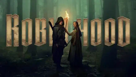 HD PC desktop wallpaper for the TV show Robin Hood (2025): two hooded figures—one with a torch—stand in a misty forest before a large ROBIN HOOD title.