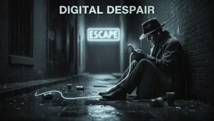 4K Ultra HD PC desktop wallpaper: moody noir alley scene titled Digital Despair — a lone figure absorbed in phone glow beneath a neon ESCAPE sign, evoking phone addiction.