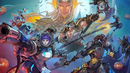 Overwatch 2 2K Quad HD PC desktop wallpaper: multiple heroes in dynamic battle poses around a glowing central figure against a vibrant blue-orange sci‑fi backdrop.