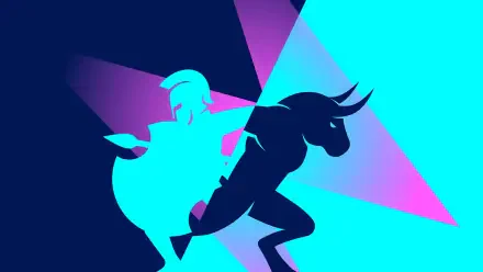Duotone minimalist 2K Quad HD PC desktop wallpaper: cyan and magenta silhouettes of an armored hero and horned creature in dynamic clash — video game, Xbox-themed.