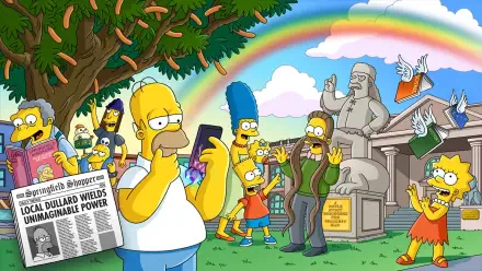 HD PC desktop wallpaper: The Simpsons cast in a Fortnite-style video game scene — Homer, Marge, Bart and Lisa posing in a colorful graveyard under a rainbow.