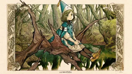 Anime HD PC desktop wallpaper of Coco (Witch Hat Atelier) in a pointed hat, sitting on a gnarled tree branch above a reflective forest pool, set within an ornate decorative border.