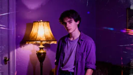 4K Ultra HD PC Desktop Wallpaper and Background — moody portrait of a young man in a purple shirt standing beside a glowing vintage lamp in a dim, neon-lit room.