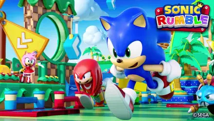Vibrant Sonic Rumble video game 2K Quad HD PC desktop wallpaper showing Sonic, Knuckles and Amy racing across a colorful looped track with rings, palm trees and geometric platforms.
