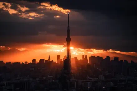 Sunset over Tokyo cityscape; Tokyo Skytree silhouette against a glowing orange sky — 4K Ultra HD PC desktop wallpaper.