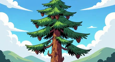 Vibrant 4K Ultra HD PC desktop wallpaper of a towering evergreen pine with hanging cones against a bright blue sky and rolling green hills.