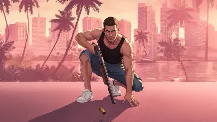 Video game Grand Theft Auto VI 5K Ultra HD PC wallpaper: Jason kneeling with a shotgun on a pink waterfront, palm trees and a sunlit city skyline in the background.