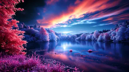 4K Ultra HD PC desktop wallpaper and background: serene lake at sunset with vivid pink foliage, neon blue sky and tranquil reflections, radiating peaceful energy.