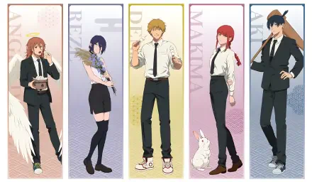 Anime — Chainsaw Man 4K Ultra HD PC desktop wallpaper: five characters in formal attire arranged in vertical panels with pastel backgrounds; one has angel wings, another stands beside a white rabbit.