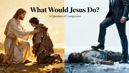 4K UHD PC wallpaper (religion): split image — left Jesus compassionately lifts a kneeling man; right a suited figure steps on a fallen man, caption What Would Jesus Do? A Question of Compassion.