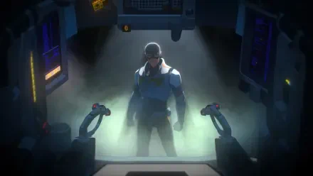 4K Ultra HD PC wallpaper from the video game Dispatch: Robert Robertson (Mecha Man) stands in a misty hangar, spotlight on his armored silhouette as maintenance arms flank him.