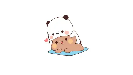 Kawaii Milk and Mocha Bears: white Milk bear cuddling a brown Mocha bear on a blue mat with floating hearts — 8K Ultra HD PC desktop wallpaper.