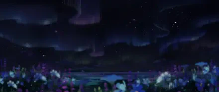 HD PC desktop wallpaper from the video game Chaos Zero Nightmare: an anime landscape of a moonlit lakeshore framed by glowing flowers under a swirling aurora borealis and starry night sky.