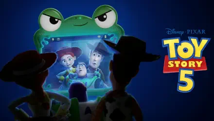 Movie Toy Story 5 4K Ultra HD PC desktop wallpaper: Woody, Buzz and Jessie appear inside a glowing frog-screen while silhouetted toys watch, with the Toy Story 5 logo on the right.